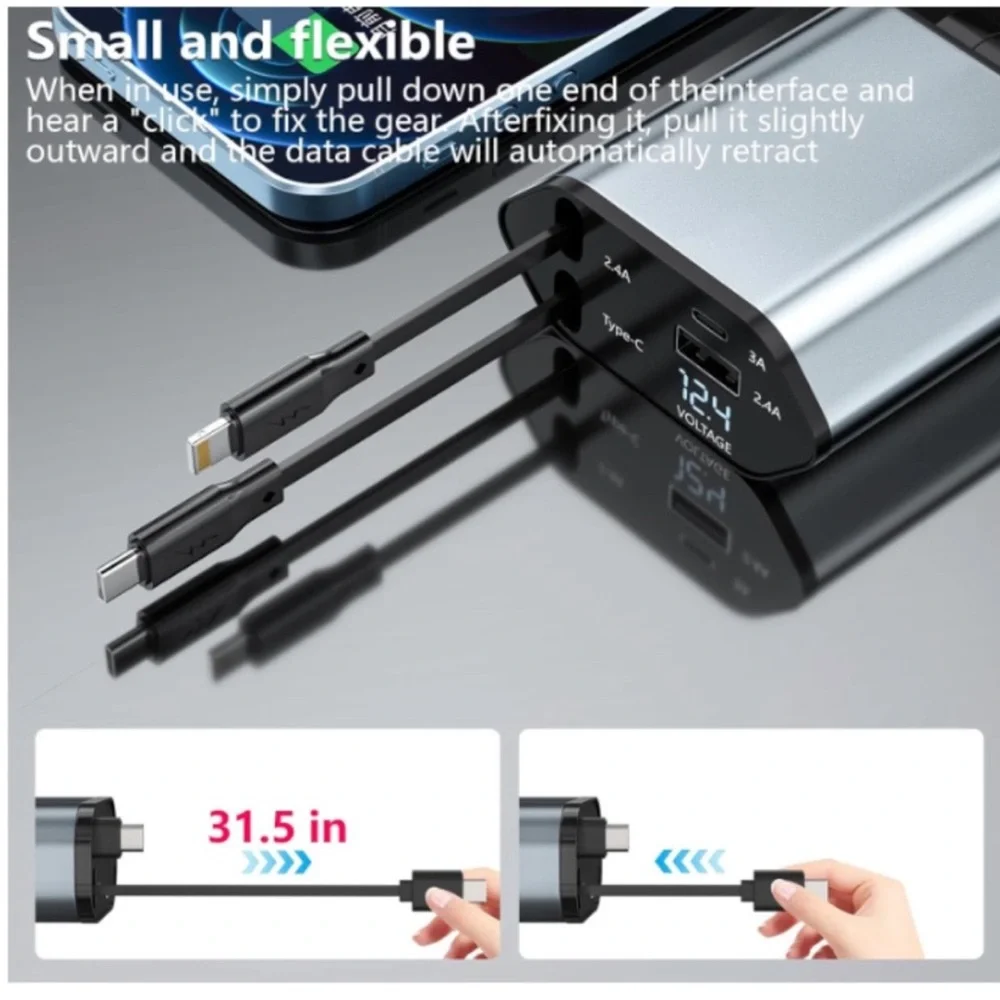 4-in-1 Retractable Car Charger with 2 USB-C/Lightning Cables and Dual USB Ports